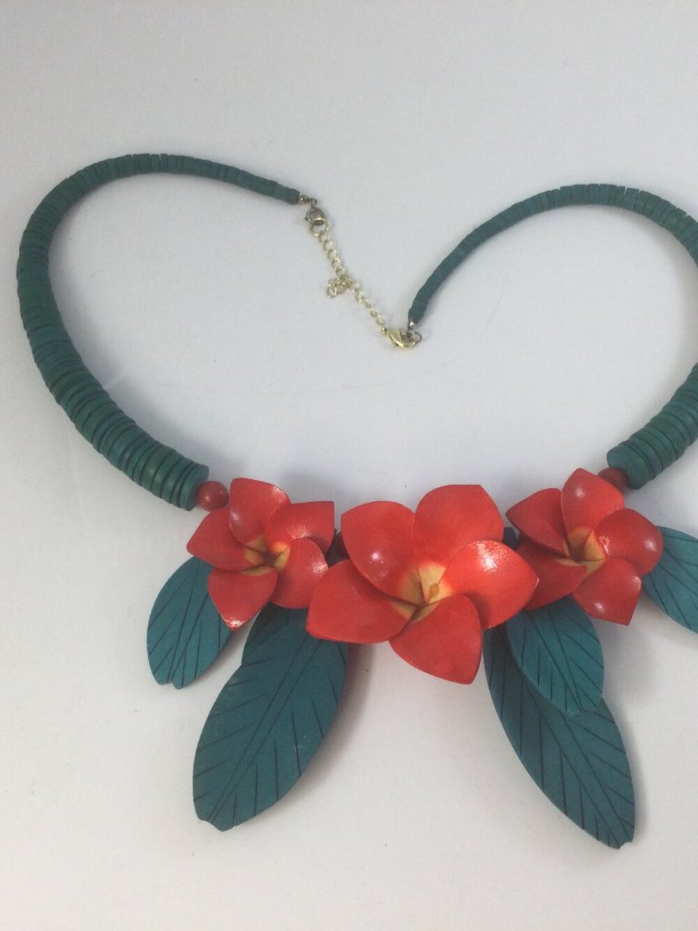 Vintage Statement Necklace Handpainted Wooden Beads Red Hibiscus Flowers